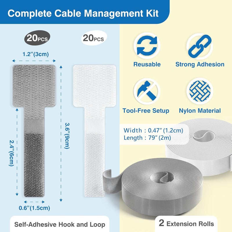 Tapsi Cable Management Kit – 40 Self-Adhesive Hook and Loop Ties with 2 Extension Straps – Made with 3M Tape, Back-Sticky Cord Organizer for Under Desk, Wall, Home, Office – Adjustable Wire Holders - Image 2
